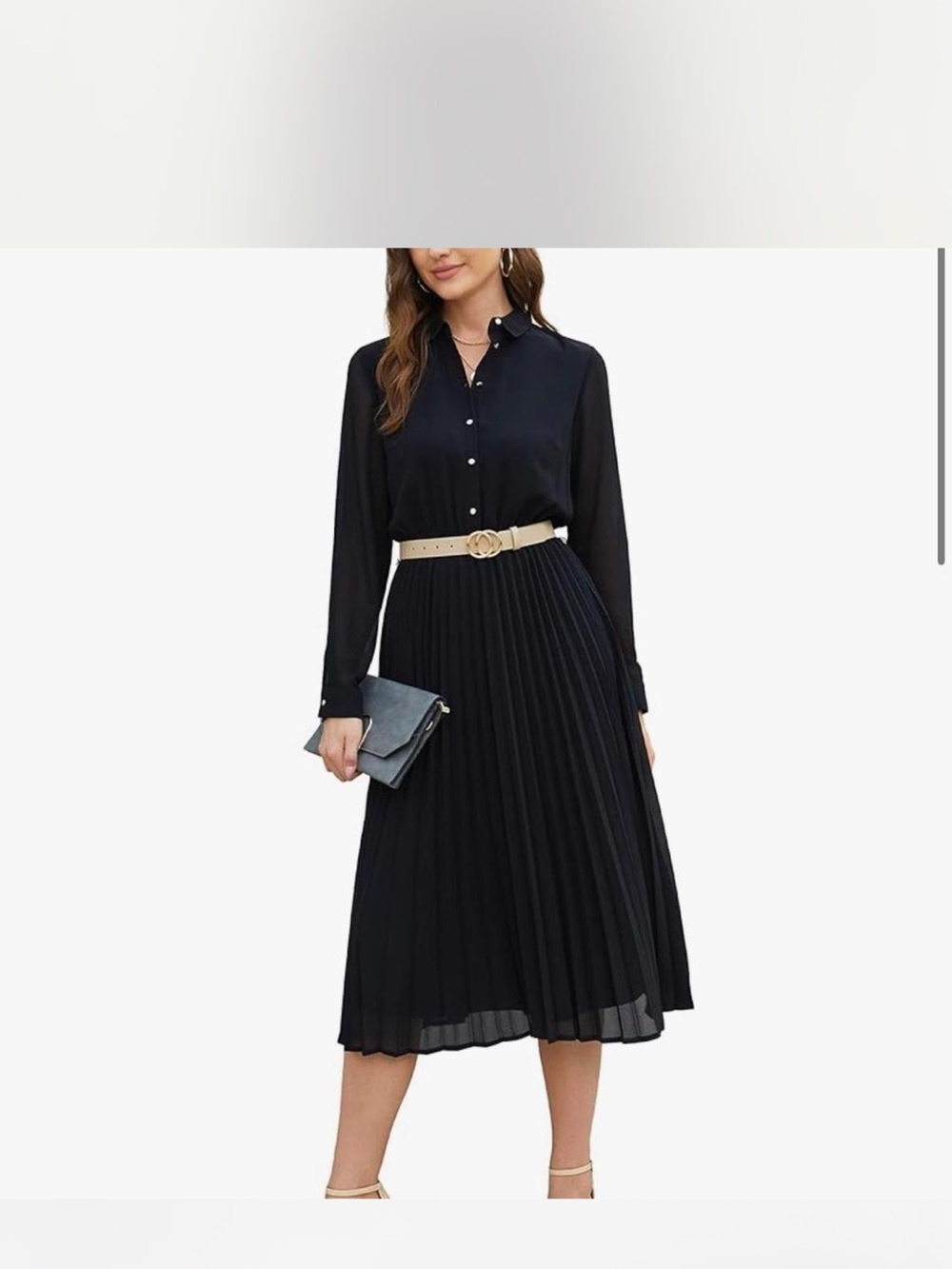 Elegant Black Pleated Midi Shirt Dress with Belt